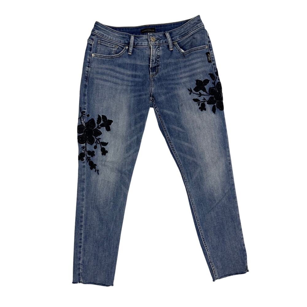 Silver Jeans Co Skinny Medium Wash Girlfriend Denim 28 x 27 Pants Sewn Floral